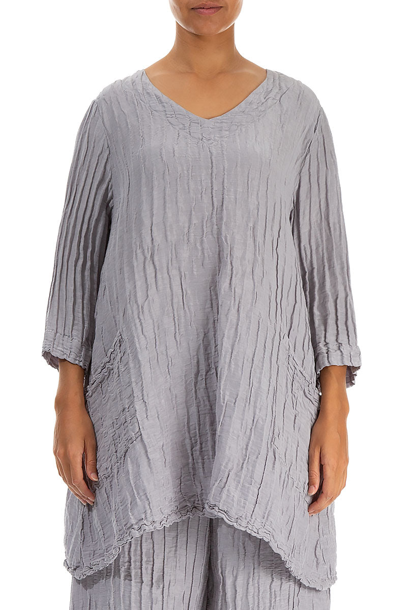 Twin Pockets Crinkled Lilac Grey Silk Linen Tunic