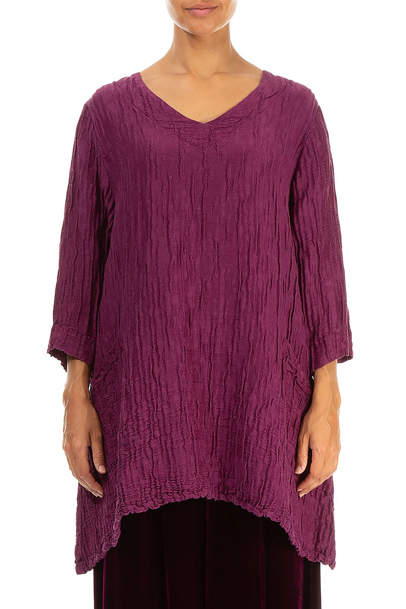 Twin Pockets Crinkled Magenta Silk Linen Tunic