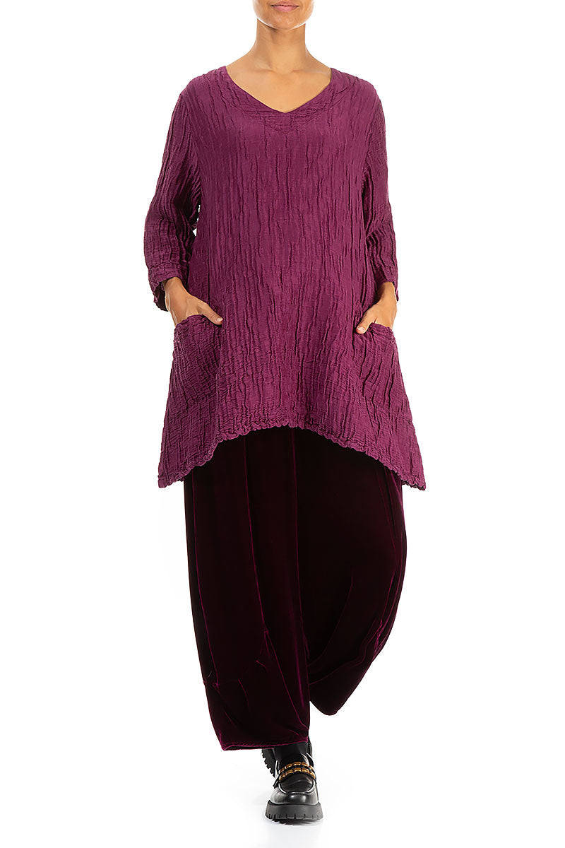 Twin Pockets Crinkled Magenta Silk Linen Tunic