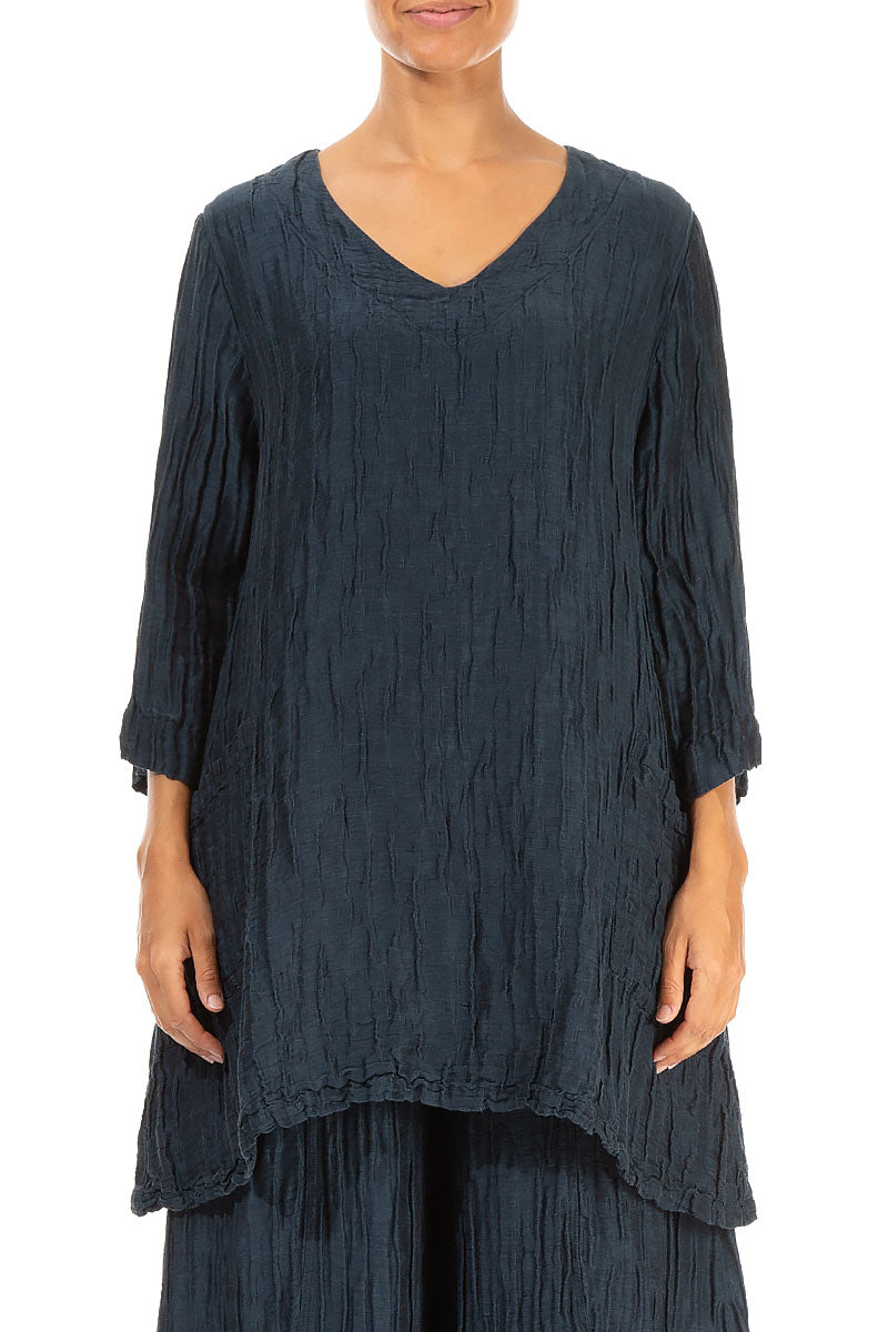 Twin Pockets Crinkled Midnight Blue Silk Linen Tunic