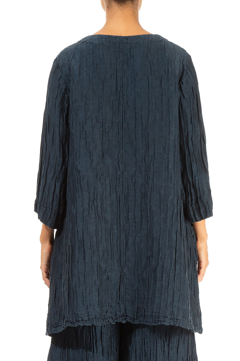 Twin Pockets Crinkled Midnight Blue Silk Linen Tunic