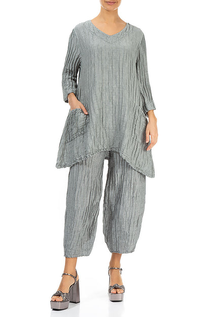 Twin Pockets Crinkled Sage Silk Linen Tunic 4