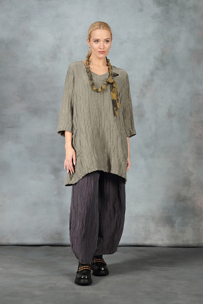 Twin Pockets Crinkled Silver Sage Silk Linen Tunic