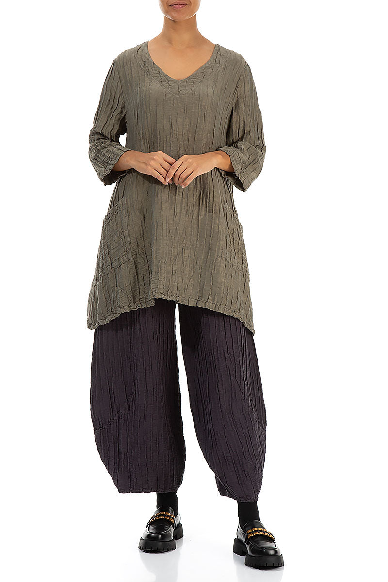 Twin Pockets Crinkled Silver Sage Silk Linen Tunic