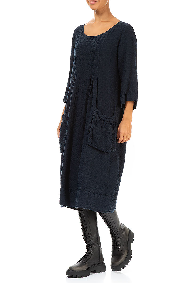 Twin Pockets Navy Textured Linen Dress