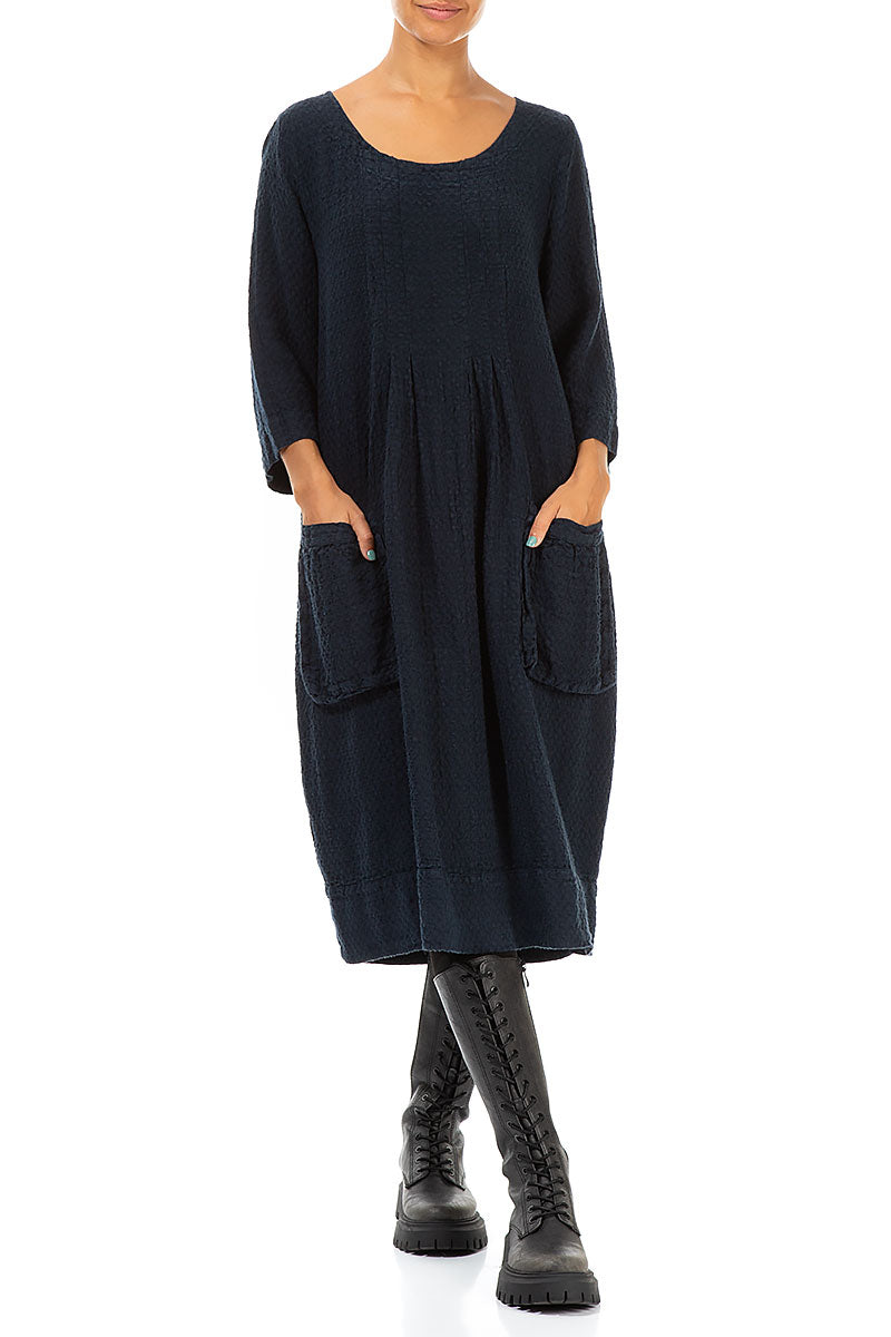 Twin Pockets Navy Textured Linen Dress