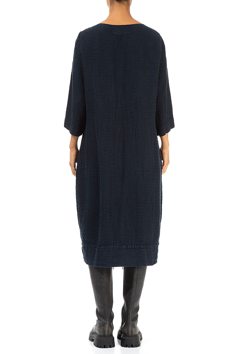 Twin Pockets Navy Textured Linen Dress