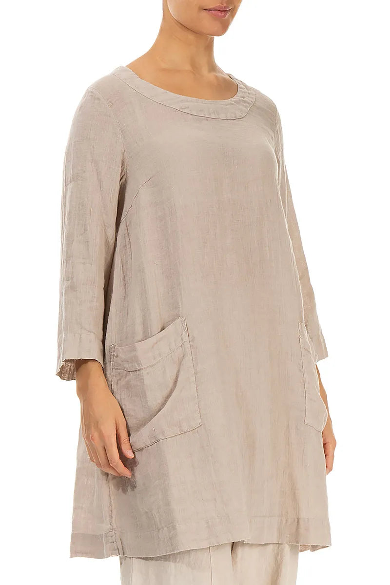 Two Pockets Beige Gauze Linen Tunic 3