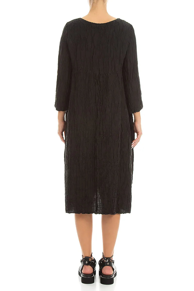 Two Pockets Black Crinkled Silk Linen Dress 2