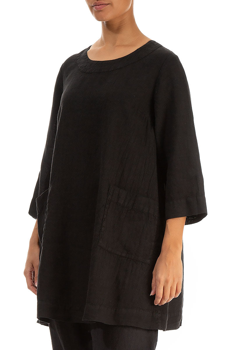 Two Pockets Black Linen Tunic