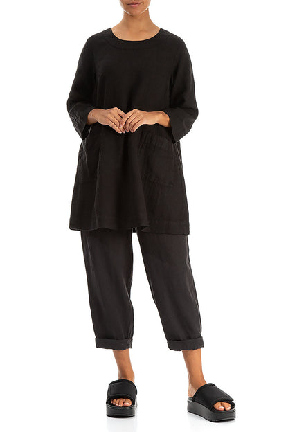 Two Pockets Black Linen Tunic