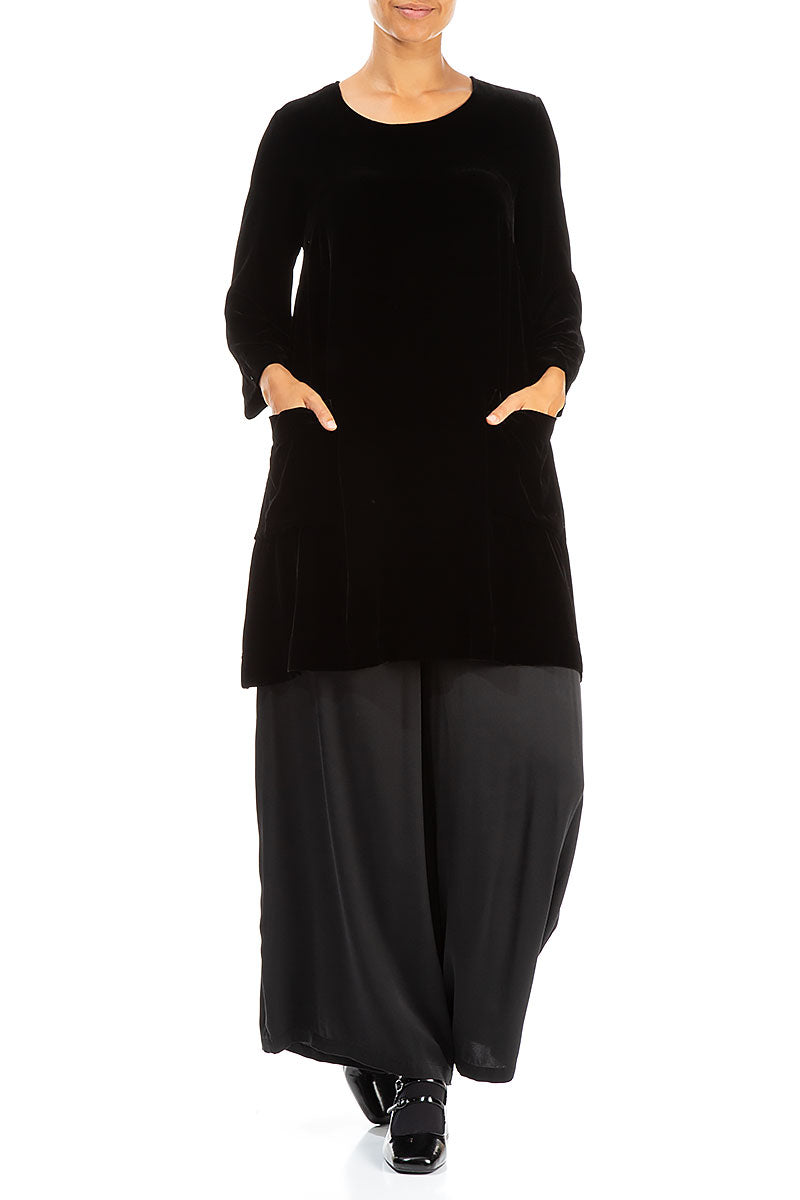 Two Pockets Black Silk Velvet Tunic