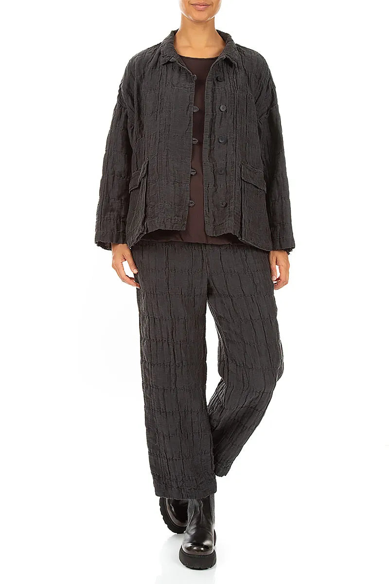 Two Pockets Charcoal Pleated Silk Linen Jacket 4