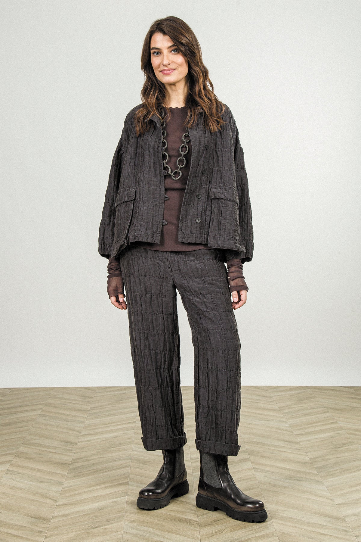 Two Pockets Charcoal Pleated Silk Linen Jacket 7