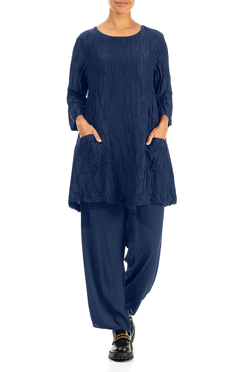 Two Pockets Cobalt Blue Crinkled Silk Tunic