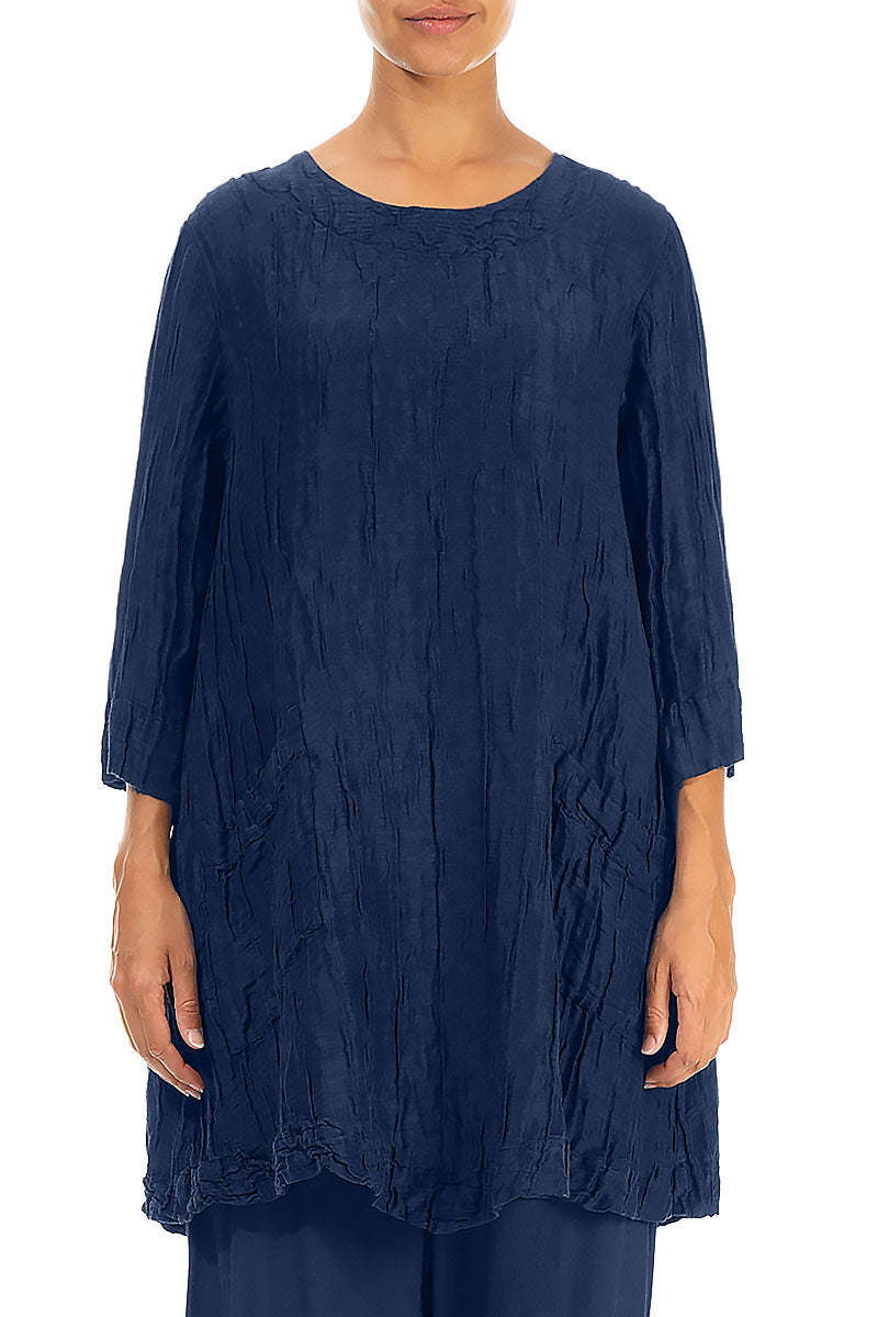 Two Pockets Cobalt Blue Crinkled Silk Tunic