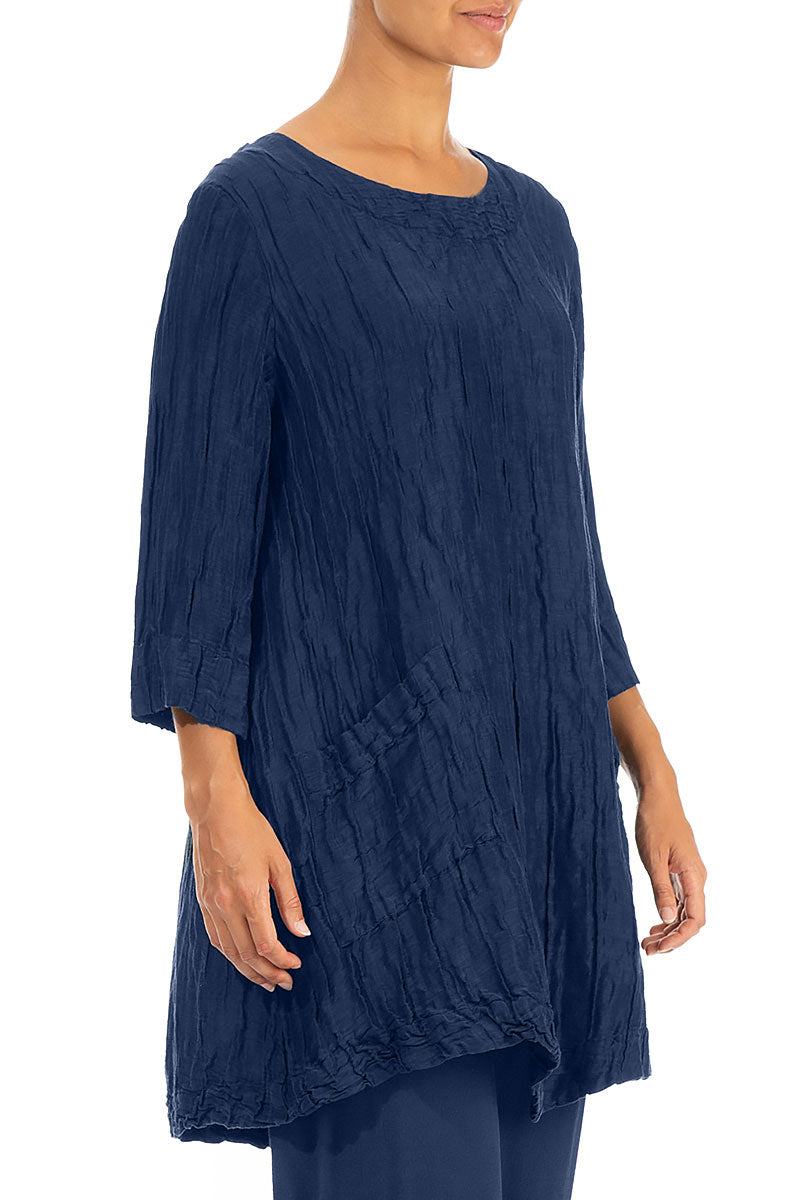 Two Pockets Cobalt Blue Crinkled Silk Tunic