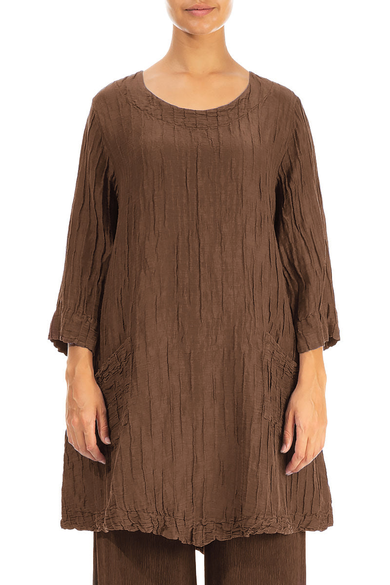 Two Pockets Crinkled Aged Copper Silk Linen Tunic 1