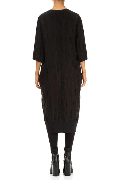 Two Pockets Crinkled Black Silk Linen Midi Dress 2