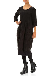 Two Pockets Crinkled Black Silk Linen Midi Dress 4