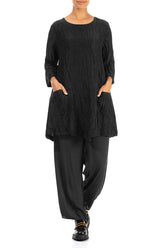 Two Pockets Crinkled Black Silk Linen Tunic 4