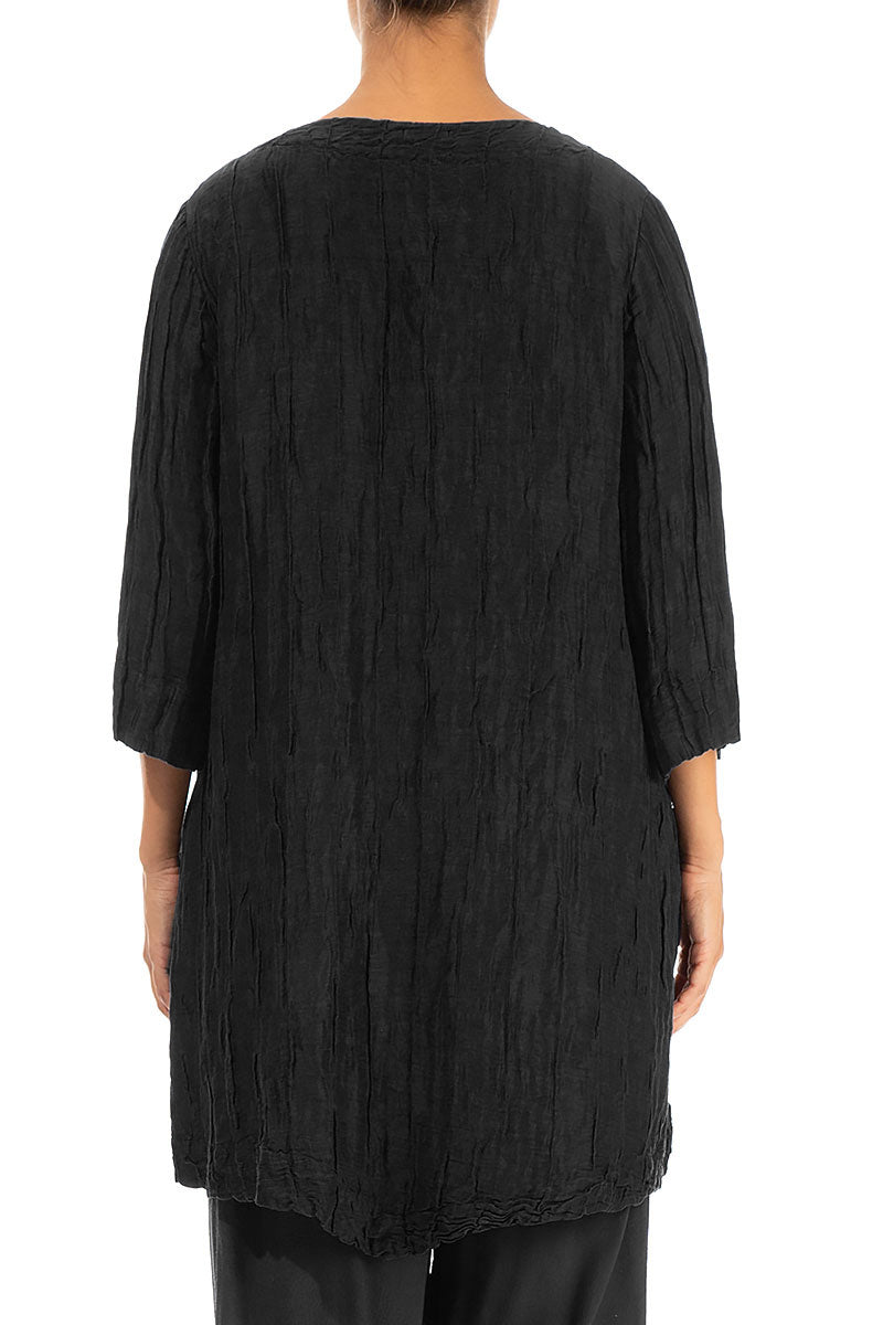 Two Pockets Crinkled Black Silk Linen Tunic 2