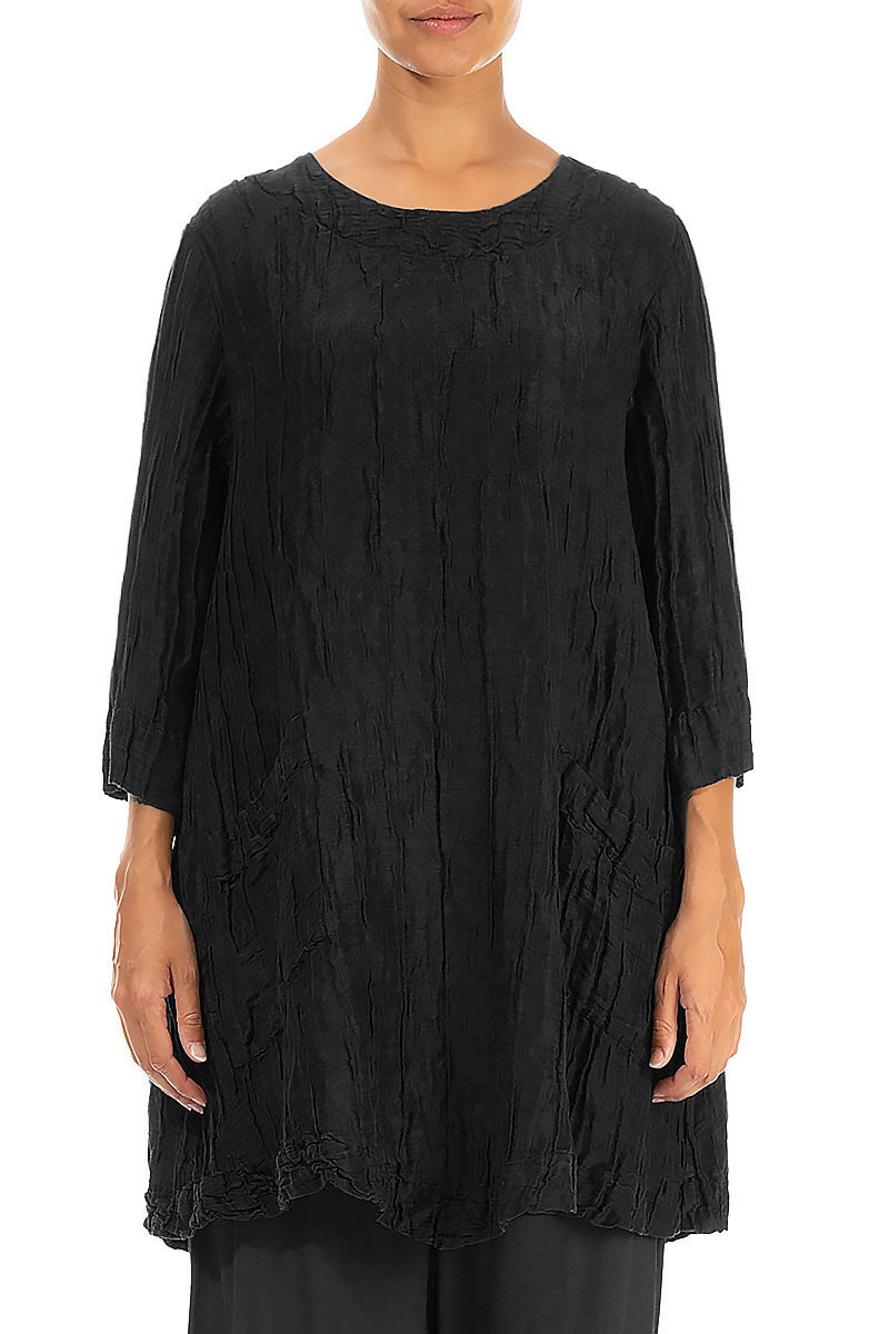 Two Pockets Crinkled Black Silk Linen Tunic 1