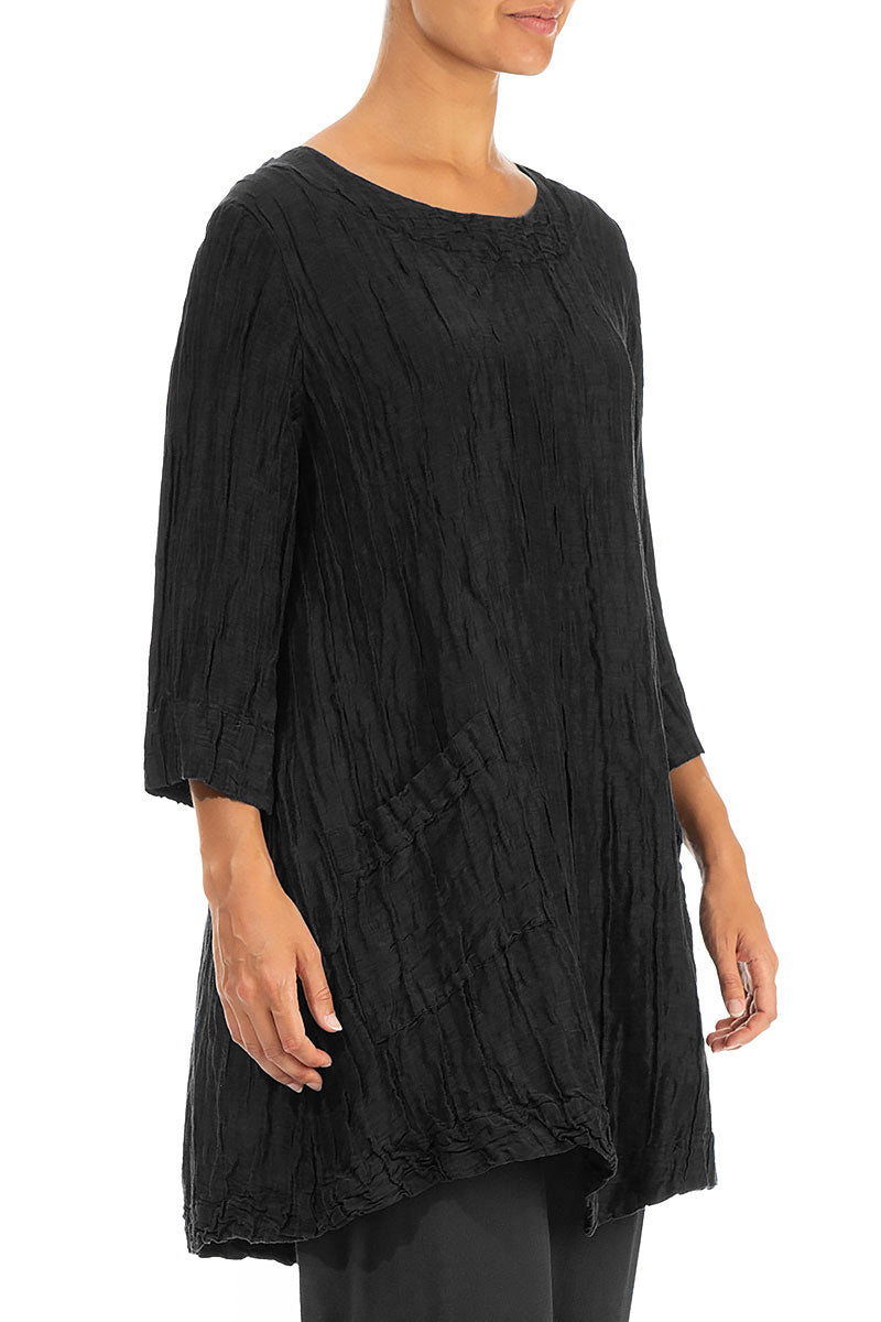 Two Pockets Crinkled Black Silk Linen Tunic 3