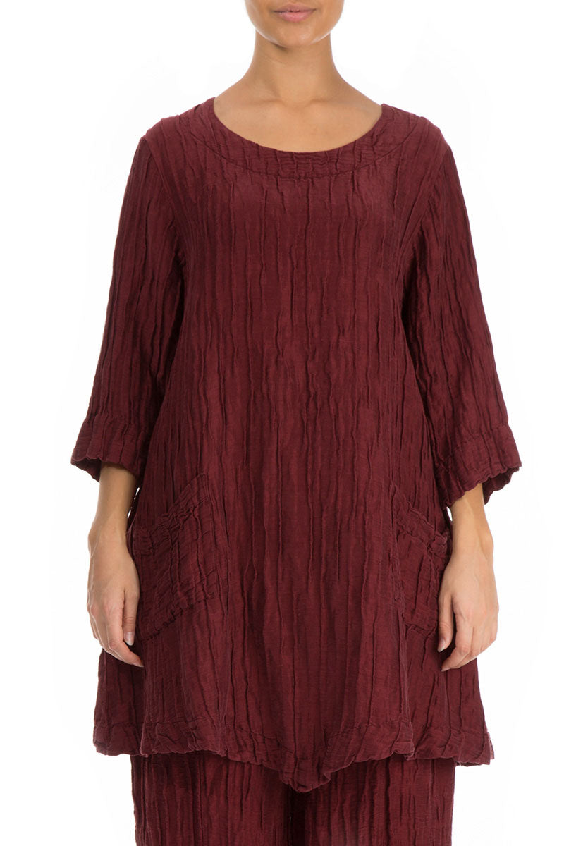 Two Pockets Crinkled Dark Red Silk Tunic