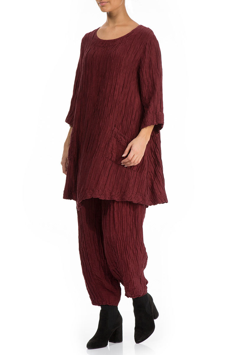 Two Pockets Crinkled Dark Red Silk Tunic