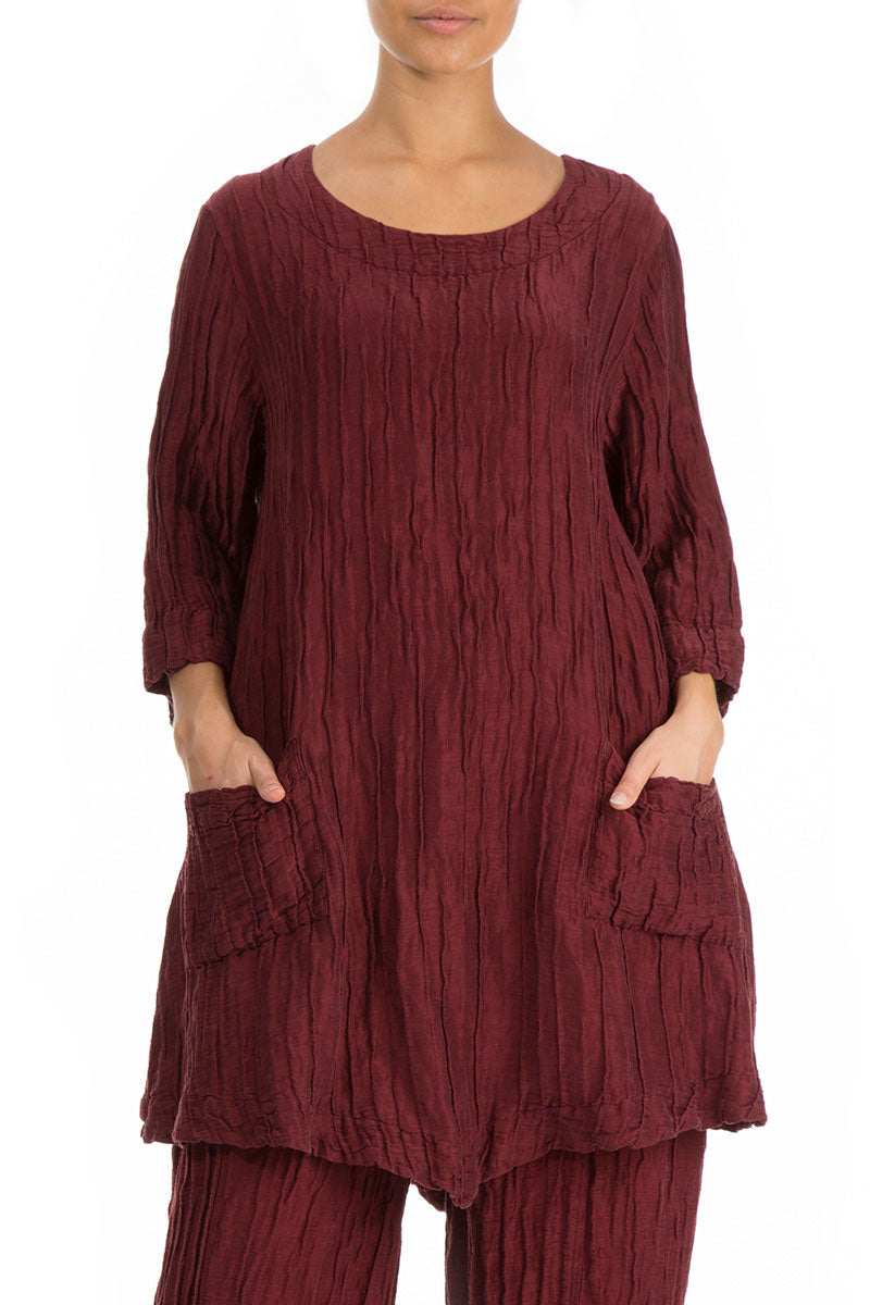 Two Pockets Crinkled Dark Red Silk Tunic