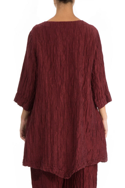 Two Pockets Crinkled Dark Red Silk Tunic