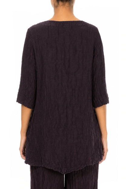 Two Pockets Crinkled Deep Plum Silk Linen Tunic