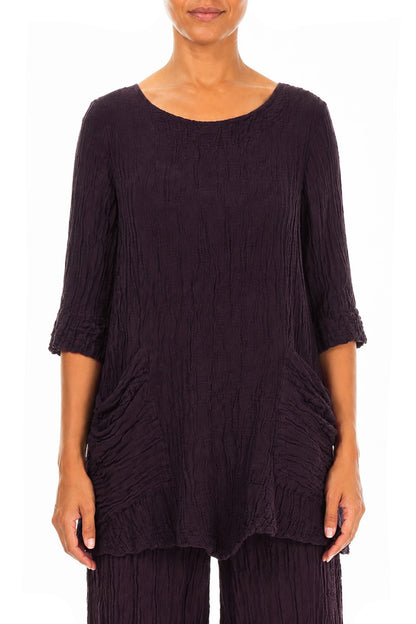 Two Pockets Crinkled Deep Plum Silk Linen Tunic 1