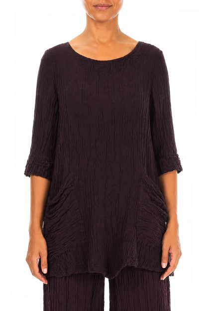 Two Pockets Crinkled Deep Plum Silk Linen Tunic