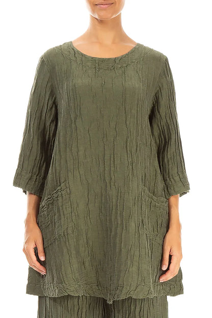 Two Pockets Crinkled Forest Mist Silk Linen Tunic 1