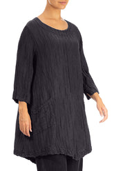 Two Pockets Crinkled Graphite Blue Silk Linen Tunic 3