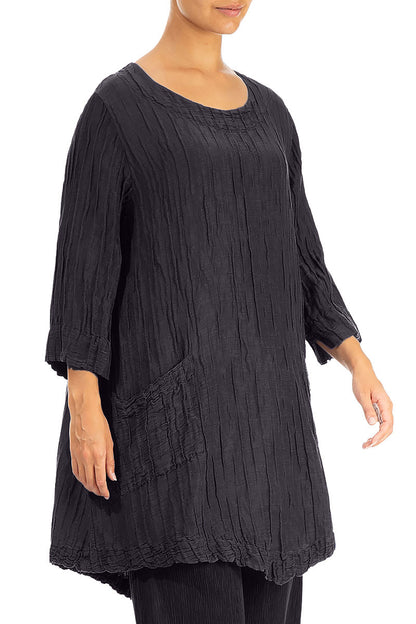 Two Pockets Crinkled Graphite Blue Silk Linen Tunic 3