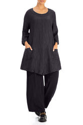 Two Pockets Crinkled Graphite Blue Silk Linen Tunic 4