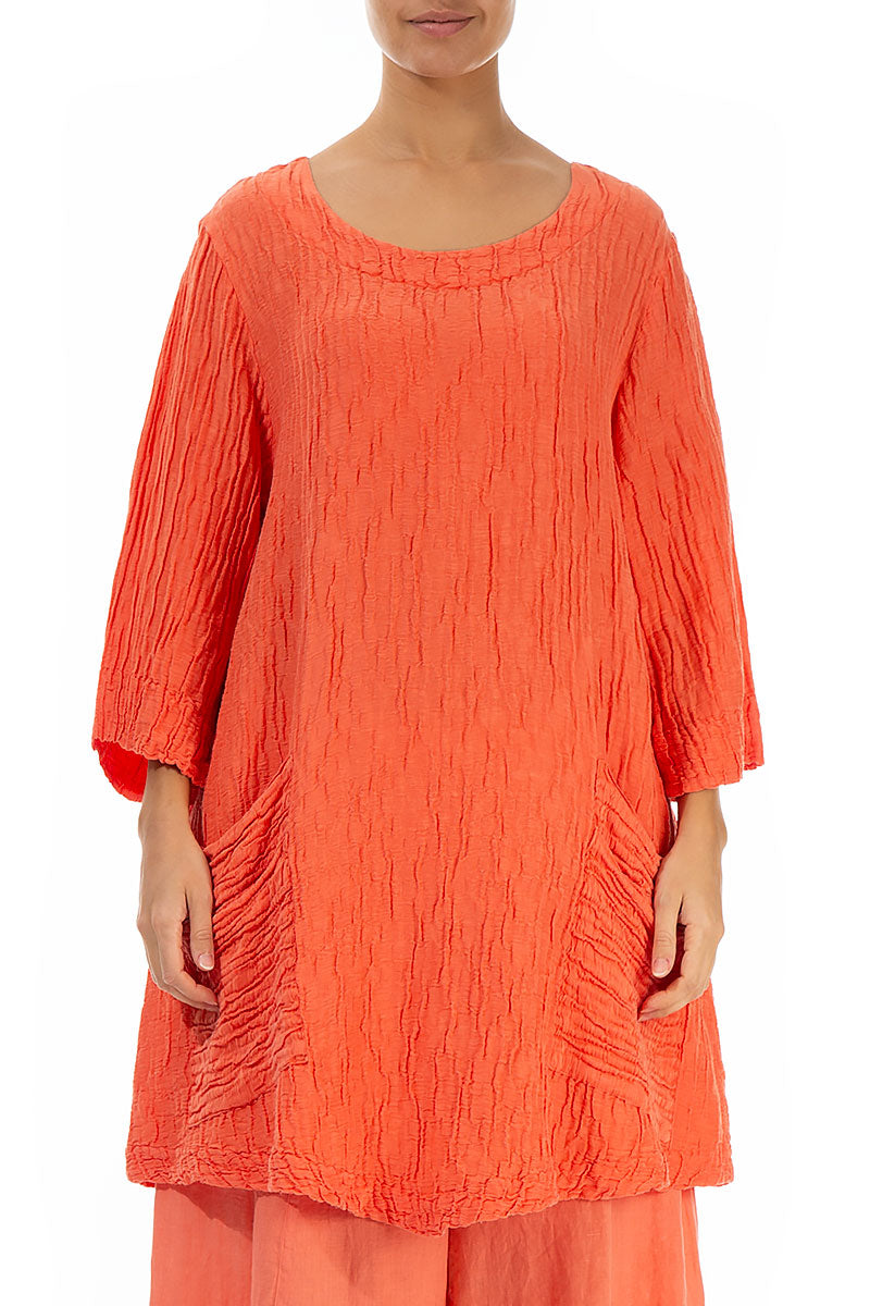Two Pockets Crinkled Living Coral Silk Tunic