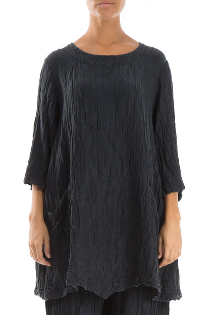 Two Pockets Crinkled Midnight Blue Silk Linen Tunic 1