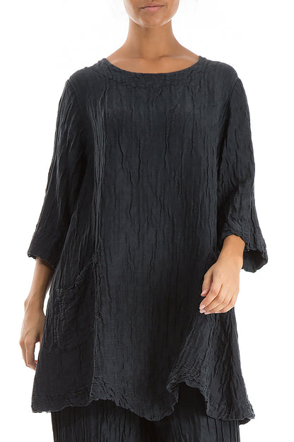 Two Pockets Crinkled Midnight Blue Silk Linen Tunic 3