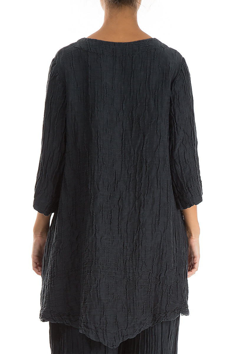 Two Pockets Crinkled Midnight Blue Silk Linen Tunic 2