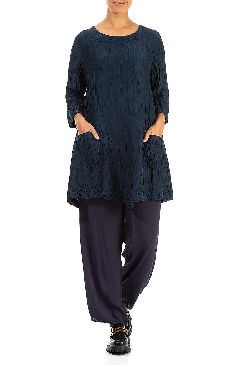 Two Pockets Crinkled Navy Silk Tunic