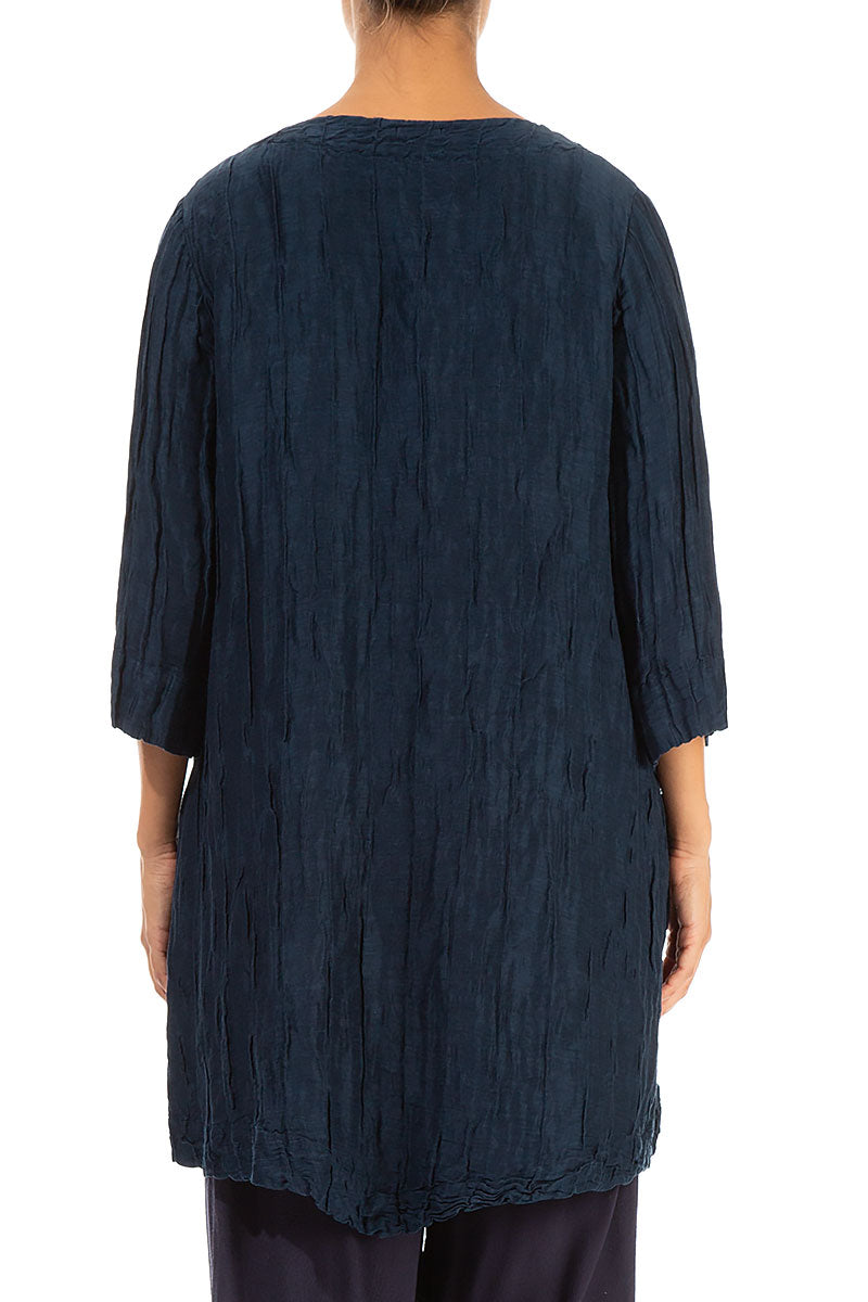 Two Pockets Crinkled Navy Silk Tunic