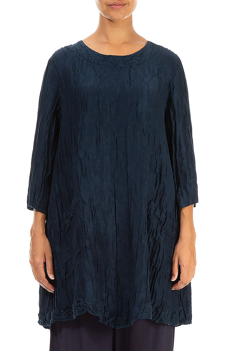 Two Pockets Crinkled Navy Silk Tunic