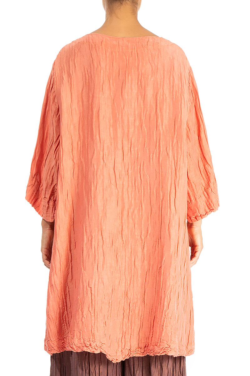 Two Pockets Crinkled Peach Silk Tunic