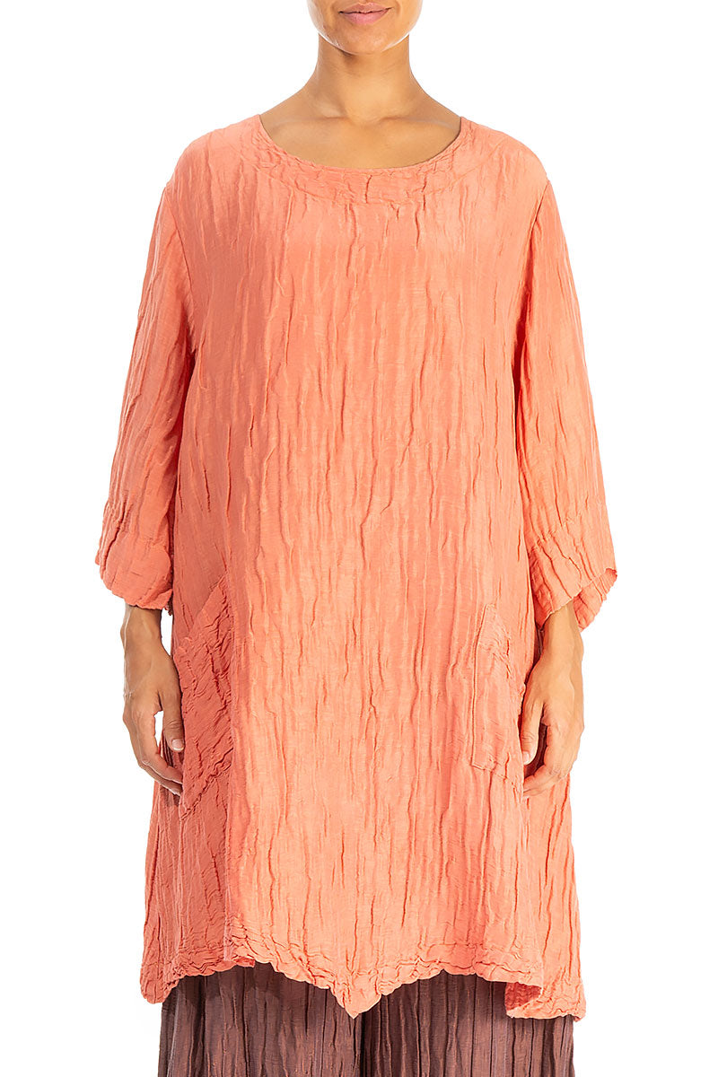 Two Pockets Crinkled Peach Silk Tunic