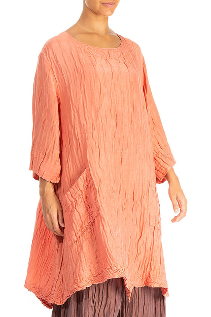 Two Pockets Crinkled Peach Silk Tunic