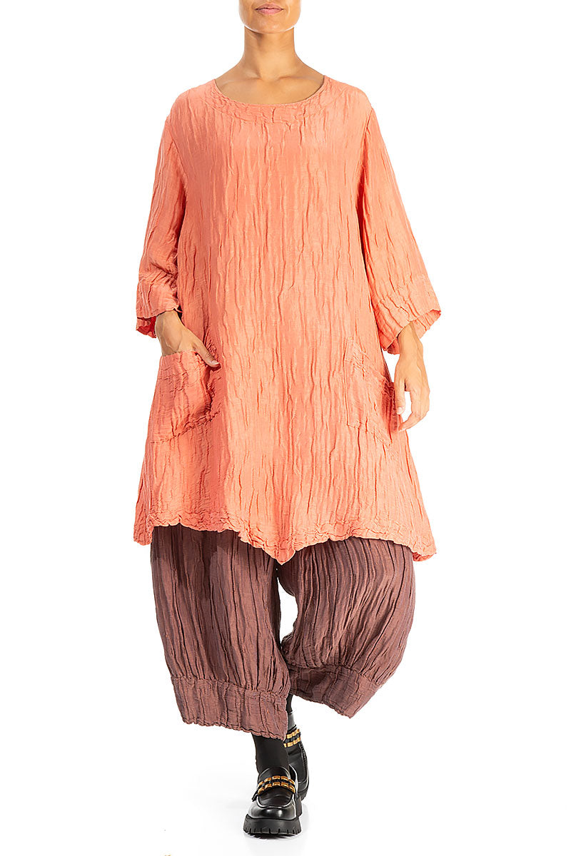 Two Pockets Crinkled Peach Silk Tunic